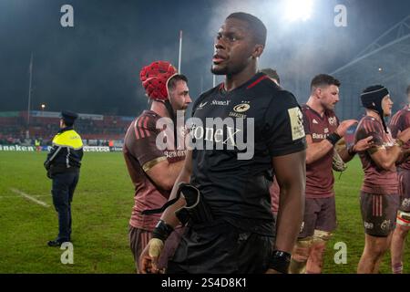 Limerick, Irland. Januar 2025. Maro Itoje aus Saracens enttäuscht während des Investec Champions Cup, Pool 3, Runde 3 Spiel zwischen Munster Rugby und Saracens im Thomond Park in Limerick, Irland am 11. Januar 2025 (Foto: Andrew SURMA/ Credit: SIPA USA/Alamy Live News Stockfoto