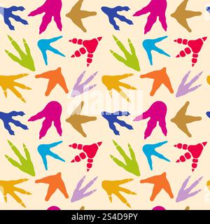 Dinosaurier-Fußabdrücke nahtloses Vektor-Muster. Hintergrund mit Farbfußabdrücken Tier, Illustration von Dinosaurierfußabdrücken. Dinosaurier-Fußabdrücke nahtloses Vektor-Muster Stock Vektor