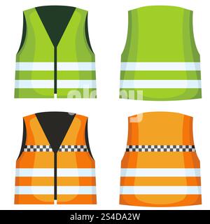 Sicherheitsweste, Weste mit reflektierenden Streifen Vektor-Set. Weste Jacke für Arbeit auf der Straße Illustration. Sicherheitsweste, Weste mit reflektierenden Streifen Vektor-Set Stock Vektor