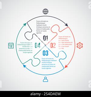 Vektorvorlage für Business-Infografiken mit Liniensymbolen, Puzzle-Elementen für 4 Optionen, Teile, Schritte, Prozesse. Lineare Puzzle-Infografik, Puzzle verbundene Plan-Illustration. Vektorvorlage für Business-Infografiken mit Liniensymbolen, Puzzle-Elementen für 4 Optionen, Teile, Schritte, Prozesse Stock Vektor