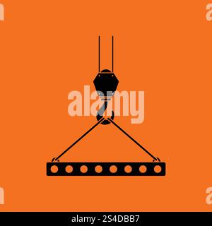 Symbol der Platte am Kranhaken gehängt durch Anschlagseile. Orangefarbenen Hintergrund mit schwarz. Vektor-Illustration. Stock Vektor