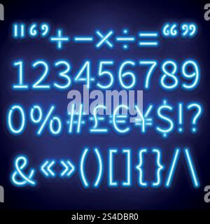 Leuchtende Neonnummern, Textsymbole und Währungszeichen Vektorsatz, Schriftart. Neonzeichen der Währung Dollar und Euro, Klammern Neon und Symbol Prozentangabe. Leuchtende Neonnummern, Textsymbole und Währungszeichen Vektorsatz, Schriftart Stock Vektor