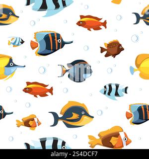 Unterwasserleben mit niedlichen Zeichentrickfischen Vektor nahtlose Muster. Fische tropisch im Aquarium, Fische schwimmen im Wasser Illustration. Unterwasserleben mit niedlichen Zeichentrickfischen Vektor nahtlose Muster Stock Vektor