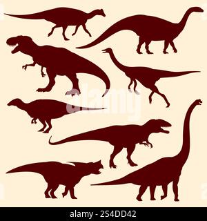 Dinosaurier, fossile Reptilien Vektorsilhouetten. Set aus prähistorischen Dinosauriern, Illustration eines alten wilden Dinosauriers. Dinosaurier, fossile Reptilien Vektorsilhouetten Stock Vektor