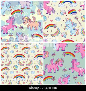 Satz von Vektorhandgezeichneten Einhörnern und magischen Elementen nahtloses Muster. Sammlung von Geburtstagshintergründen Illustration. Satz von Vektorhandgezeichneten Einhörnern und magischem nahtlosem Muster Stock Vektor