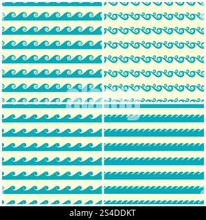 Satz von nahtlosen Mustern für Vektoraquagrüne Wellen. Wasser Hintergrund Ozean Illustration. Satz von nahtlosen Mustern für Vektoraquagrüne Wellen Stock Vektor