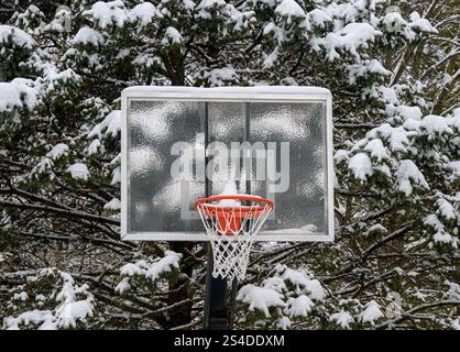 Basketballtor bedeckt mit Eis und Schnee Stockfoto