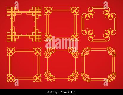Quadratischer Vektor asiatische Retro-Rahmen Set. Goldener Rahmen auf rotem Hintergrund. Quadratischer Vektor asiatische Retro-Rahmen Set Stock Vektor