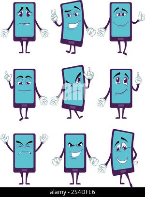 Glückliche Smartphone-Zeichentrickfigur mit Beinen und Händen in verschiedenen Posen Vektor-Set. Mobiltelefon mit glücklichem Gesicht, Gerätetelefon für Kommunikationsillustration. Glückliche Smartphone-Zeichentrickfigur mit Beinen und Händen in verschiedenen Posen Vektor-Set Stock Vektor
