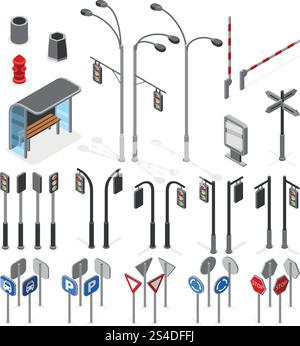 Isometrische 3D-Straße, Symbole für Straßenvektoren. Verkehrsschilder, Abbildung eines Verkehrsschilds. Isometrische 3D-Straße, Symbole für Straßenvektoren Stock Vektor