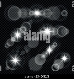 Das Kameraobjektiv blendet Sternlichter und Glühvektorsatz auf. Linsenleuchten isoliert auf kariertem Hintergrund, Darstellung von hellem Linsenlicht. Das Kameraobjektiv blendet Sternlichter und Glühvektorsatz auf Stock Vektor
