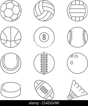 Sportsbälle Vektor-Symbole mit dünnen Linien. Basketball und Fußball, Tennis und Fußball, Baseball oder Bowling, Golf und Volleyballbälle Illustration. Sportsbälle Vektor-Symbole mit dünnen Linien. Basketball, Fußball, Tennis, Fußball, Baseball, Bowling, Golf, Volleyball Stock Vektor