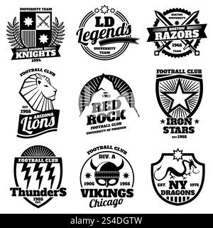 College athletische Labels, Varsity Embleme, Vintage Sportmannschaften Abzeichen, Universität T-Shirt Design Vektor. Logosatz für die Sportmannschaft, Illustration-Emblem der Universitätsfußballmannschaft. College athletische Labels, Varsity Embleme, Vintage Sportmannschaften Abzeichen, Universität T-Shirt Design Vektor Set Stock Vektor