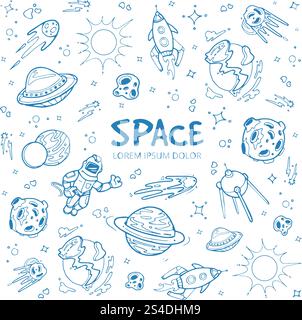 Abstrakter Weltraumhintergrund mit Planeten, Sternen, Raumschiffen und Universumsobjekten. Handgezeichnete Kritzelvektorillustration. Objekt in Raumplaneten Rakete und Raumschiff. Abstrakter Weltraumhintergrund mit Planeten, Sternen, Raumschiffen und Universumsobjekten. Handgezeichnete Kritzelvektorillustration Stock Vektor