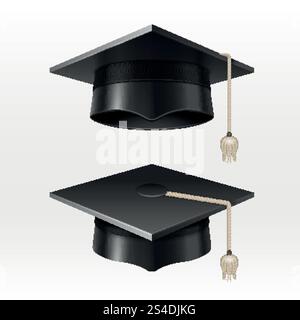 Universitätsabschluss-Kappen mit Quasten-Vektor-Illustration. Abschlussfeier, akademische schwarze Hüte. Universitätsabschluss-Kappen mit Quasten-Vektor-Illustration Stock Vektor
