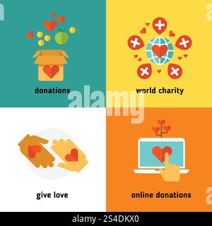 Wohltätigkeitsorganisationen und Spenden, soziale Hilfsdienste, ehrenamtliche Arbeit, Non-Profit-Organisationen, flache Vektorkonzepte. Online-Spenden und weltweite Wohltätigkeitsorganisation, Spenden in Box Illustration. Wohltätigkeitsorganisationen und Spenden, soziale Hilfsdienste, ehrenamtliche Arbeit, Non-Profit-Organisationen, flache Vektorkonzepte Stock Vektor