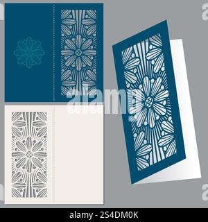 Vintage Hochzeitseinladung Postkarte Umschlag Vektor Design. Vorlage für Einladung mit Muster, Abbildung des Schnittmusters auf Karte. Vintage Hochzeitseinladung Postkarte Umschlag Vektor Design Stock Vektor