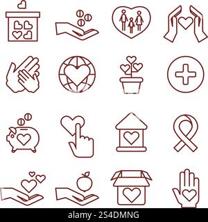 Spenden, Sponsoring, Spenden, humanitäre Hilfe, Spenden an lineare Symbole für Kinder. Geben und helfen Sie anderen, das Symbol zu illustrieren. Spenden, Sponsoring, Spende, humanitäre Hilfe, Geld für Kinder-Vektor-lineare Symbole Stock Vektor