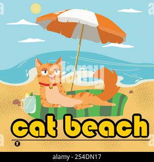 Karikaturkatze, die sich auf einem Strandtuch unter einem Sonnenschirm mit einem Getränk entspannt. Sommerurlaub, Strandleben, Katzenspaß. Stock Vektor