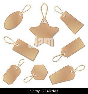 Leere Preisanhänger aus braunem Vintage-Papier mit isolierten Strängen auf weiß. Sammlung von leeren Tags Vektor. Abbildung: Etikettenschild für Preis und Verkauf. Leere Preisanhänger aus braunem Vintage-Papier mit isolierten Strängen auf weiß. Vektorsammlung Stock Vektor