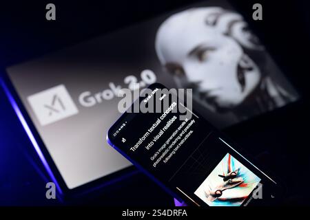Brüssel, Belgien Januar 2025. Die grok AI-Anwendung wird auf einem Mobiltelefon mit Grok 2,0 auf dem Tablet-Bildschirm angezeigt, in dieser Fotoabbildung. Aufgenommen in Brüssel, Belgien, am 11. Januar 2025. (Jonathan Raa/SIPA USA) *** ausschließlich für redaktionelle Nachrichten *** Credit: SIPA USA/Alamy Live News Stockfoto