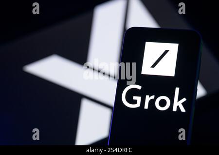 Brüssel, Belgien Januar 2025. Das GROK-Logo wird auf einem Mobiltelefon mit dem X AI-Symbol auf dem Tablet-Bildschirm angezeigt, in dieser Fotoabbildung. Aufgenommen in Brüssel, Belgien, am 11. Januar 2025. (Jonathan Raa/SIPA USA) *** ausschließlich für redaktionelle Nachrichten *** Credit: SIPA USA/Alamy Live News Stockfoto