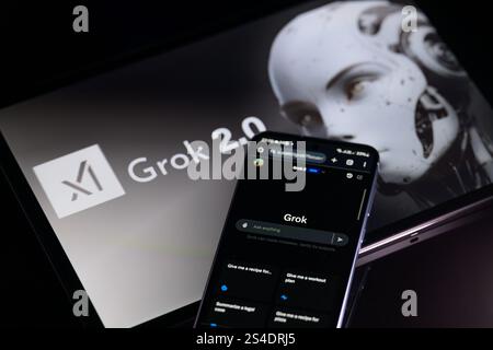 Brüssel, Belgien Januar 2025. Die grok AI-Anwendung wird auf einem Mobiltelefon mit Grok 2,0 auf dem Tablet-Bildschirm angezeigt, in dieser Fotoabbildung. Aufgenommen in Brüssel, Belgien, am 11. Januar 2025. (Jonathan Raa/SIPA USA) *** ausschließlich für redaktionelle Nachrichten *** Credit: SIPA USA/Alamy Live News Stockfoto