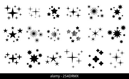 Sammlung von Sternen und Mustern. Leuchtende himmlische Elemente des Designs. Set aus Y2K-Sternen, Starburst- oder Retro-futuristischen grafischen Ornamenten. Stock Vektor