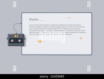 Vorlage für generative KI, Modell für UI-Illustration. AI-Roboter, der mit dem Rahmen verbunden ist, um den Generierungsprozess anzuzeigen. Vektor-3D-Illustration. Stock Vektor