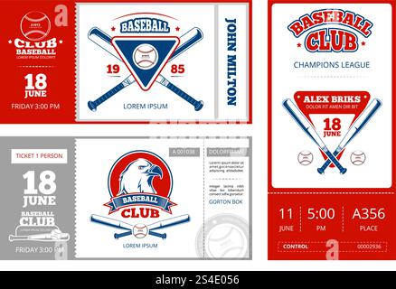 Baseball-Sportkarten-Vektor-Design mit Vintage-Baseball-Team-Emblemen. Vorlage für die Illustration der Baseball-Tickets-Meisterschaft. Baseball-Sportkarten-Vektor-Design mit Vintage-Baseball-Team-Emblemen Stock Vektor