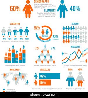 Diagramm für Unternehmensstatistiken, demografische Bevölkerungsdiagramme, moderne Infografik-Vektorelemente. Elementgruppe für demografische Infografiken, Abbildung Bevölkerungsstatistik und Diagramm. Diagramm für Unternehmensstatistiken, demografische Bevölkerungsdiagramme, moderne Infografik-Vektorelemente Stock Vektor