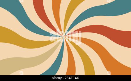 Farbenfroher Retro-Hintergrund mit Wellenstrahlen. Vintage gestreifte, groovige Tapete. Poster mit wirbelnden Linien. Stock Vektor
