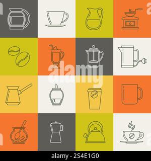 Mehrfarbige Vektorsymbole für Kaffee mit dünnen Linien. Kollektion mit Tee- und Kaffeeschildern im Liniendesign. Mehrfarbige Vektorsymbole für Kaffee mit dünnen Linien Stock Vektor