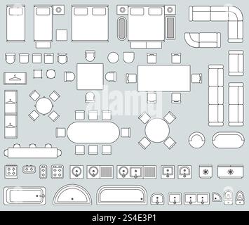 Innenraum mit Innenansicht von oben mit Linien-Möbelsymbolen Vektor. Möbelset für Büro oder Haus, Illustration von Sofasessel und Bettmöbeln. Innenansicht mit Linie Möbelsymbolen Vektorsatz Stock Vektor