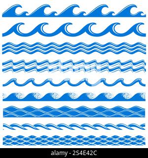 Seewasserwellen Vektor nahtlose Grenzen gesetzt. Dekoratives Wellenmeer, Illustration des Musters Wasser Meer Grenzwelle. Seewasserwellen Vektor nahtlose Grenzen gesetzt Stock Vektor