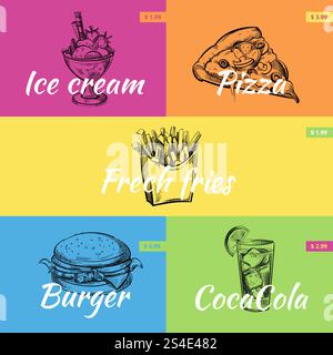 Retro Hand gezeichnete Fastfood Vektor-Poster Set. Preis für das Fast Food Restaurant, Illustration von Burgern und Pizzagerichten. Retro Hand gezeichnete Fastfood Vektor-Poster Set Stock Vektor