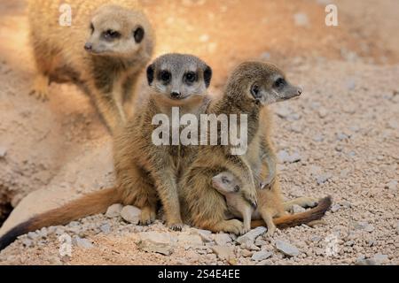 Tigernuss (Suricata suricatta), Erwachsene, Gruppe, Erwachsene, Jugendliche, Neugeborene, Baby, Sozialverhalten Stockfoto