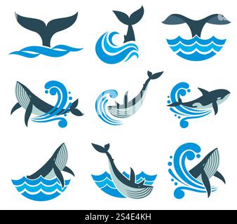 Wilder Wal in Meereswellen und Wasserplätschern Vektorsymbole. Tierwelt Wal im blauen Meer, Illustration eines Meerestiers. Wilder Wal in Meereswellen und Wasserplätschern Vektorsymbole Stock Vektor