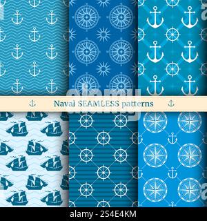 Marine, nautische, Meer Vektor nahtlose Muster Set. Nautische Hintergrundsammlung, Illustration des Meeres Hintergrund. Marine, nautische, Meer Vektor nahtlose Muster Set Stock Vektor