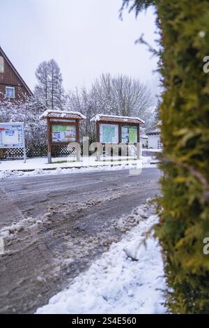 Informationstafeln auf einer schneebedeckten Straße, flankiert von Bäumen und mit Schnee bedeckt, Enzkloesterle, Bezirk Calw, Schwarzwald, Deutschland, Europa Stockfoto