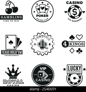 Vintage Glücksspiel, Casino, Poker Royal Turnier, Roulette Vektor Etiketten, Embleme, Logos und Abzeichen. Pokerspiel-Logo, Illustration des Glücksspielemblems. Vintage Glücksspiel, Casino, Poker Royal Turnier, Roulette Vektor Etiketten, Embleme, Logos und Abzeichen Stock Vektor