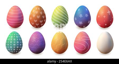 3D bunte, bunte Ostereier mit verschiedenen Mustern, Vektor Stock Vektor