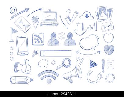 Vektorkritzeleien in sozialen Medien, Internet-Computer-Handzeichnungssymbole. Satz von Skizzen für Social-Media-Elemente. Vektorkritzeleien in sozialen Medien, Internet-Computer-Handzeichnungssymbole Stock Vektor