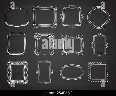 Vektor-Doodle-Portrait-Bilderrahmen, Skizze antike Box auf Tafel. Satz von Skizzenrahmen für Hochformat, Illustration der Hand, Zeichnungsrahmen auf Kreidetafel. Vektor-Doodle-Portrait-Bilderrahmen, Skizze antike Box auf Tafel Stock Vektor