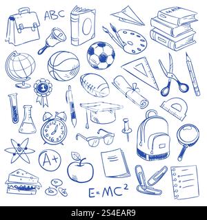 Schulbildung und Wissenschaft, Geographie und Biologie, Physik und Mathematik, Astronomie und Chemie kritzeln, Skizzen zeichnen Vektorsymbole. Handgezeichnete Bildungselemente. Schulbildung, Wissenschaft, Geographie, Biologie, Physik, Mathematik, Astronomie, Chemie Kritzeleien, Skizzen zeichnen Vektorsymbole Stock Vektor