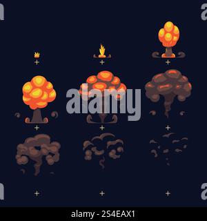 Cartoon Atombombenexplosion, Bodenexplosion mit Rauch und Staub Comic Animationseffekt Rahmen. Atomexplosion und Cartoon-Kraftpilz. Vektorabbildung. Cartoon Atombombenexplosion, Bodenexplosion mit Rauch und Staub Comic Animationseffekt Rahmen Stock Vektor