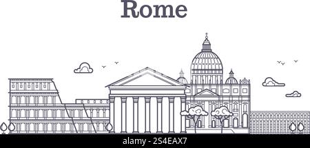 Italien rom Architektur, europa Skyline Vektor lineare Sammlung. Stadtarchitektur, pantheon-Gebäude, Illustration des berühmten römischen Monuments. Italien rom Architektur, europa Skyline Vektor lineare Sammlung Stock Vektor