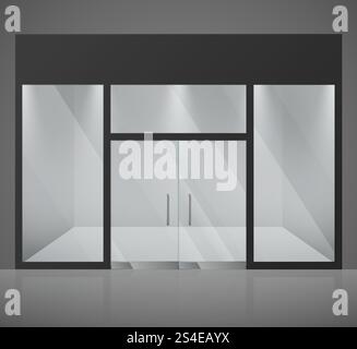 Leeres Modegeschäft, Geschäft mit großem Glasfenster und Vektor-Illustration des Eingangs. Mode leeres Geschäft, Außenfenster Geschäft. Leeres Modegeschäft, Geschäft mit großem Glasfenster und Vektor-Illustration des Eingangs Stock Vektor