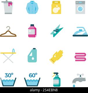 Flache Symbole zum Waschen, Trocknen und Waschen von Haushaltsvektoren. Symbole für Reinigungs- und Waschservice, Abbildung des Trocknungs- und Waschtemperaturmodus. Flache Symbole zum Waschen, Trocknen und Waschen von Haushaltsvektoren Stock Vektor