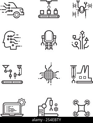 Robotertechnologie und Linienvektorsymbole für Robotermaschinen. Symbole für künstliche Intelligenz. Künstliche Roboterautomatisierung, Ai-elektronische Roboter-Illustration. Robotertechnologie und Linienvektorsymbole für Robotermaschinen. Symbole für künstliche Intelligenz Stock Vektor